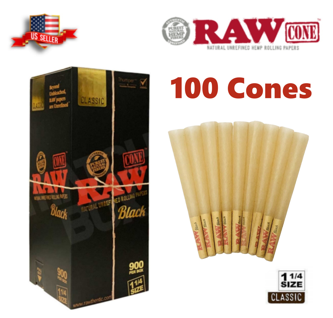 Authentic RAW Black 1 1/4 Size Pre-Rolled Cones 100 Pack & Fast Shipping US