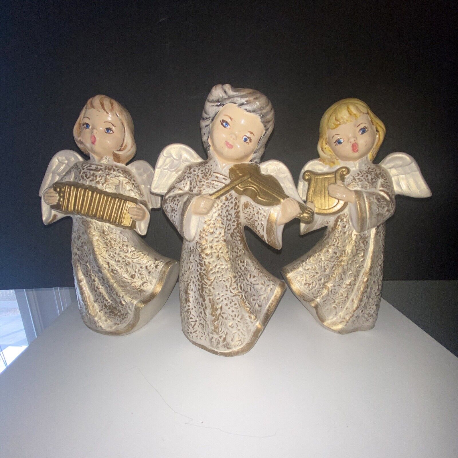 3 Vintage Ceramic Mold 8” Figurines Christmas  Angels Playing Instruments 1974