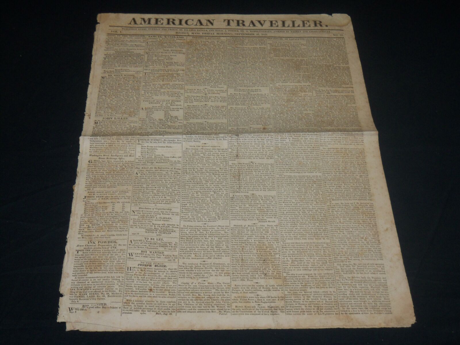 1825 SEPT 16 AMERICAN TRAVELLER NEWSPAPER - LA FAYETTE ANSWER TO PRES. - NP 4830
