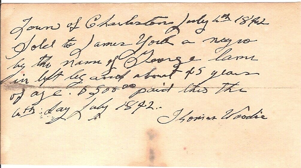 July 6th, 1842 Slave Bill of Sale, Charleston, VA Original Document