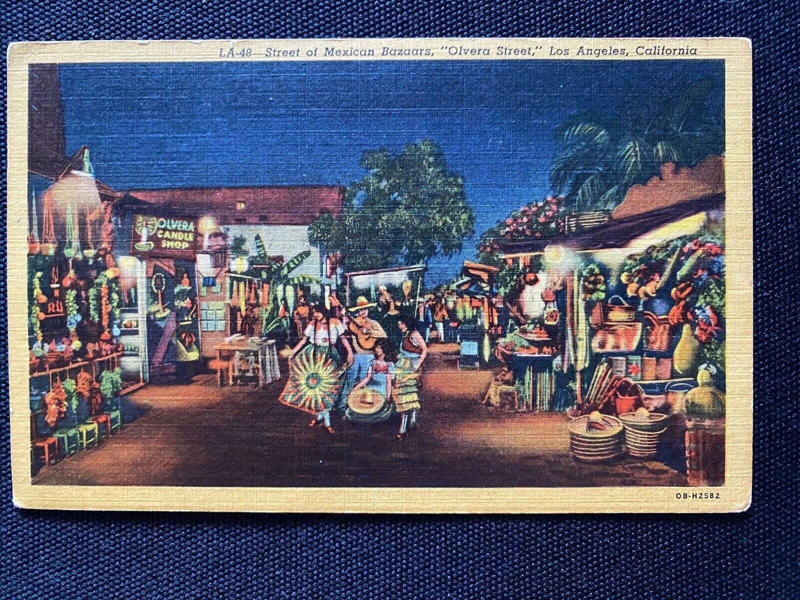 Vintage 1952 Postcard. Olvera Street Scene at Night. Shops. Los Angeles Ca.