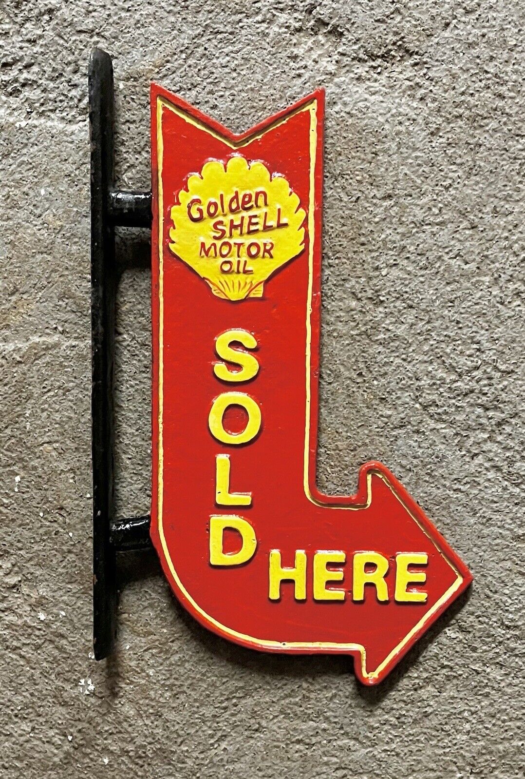 Golden SHELL Motor Oil “SOLD HERE” Cast Iron Flange Arrow Sign, 12” x 7”