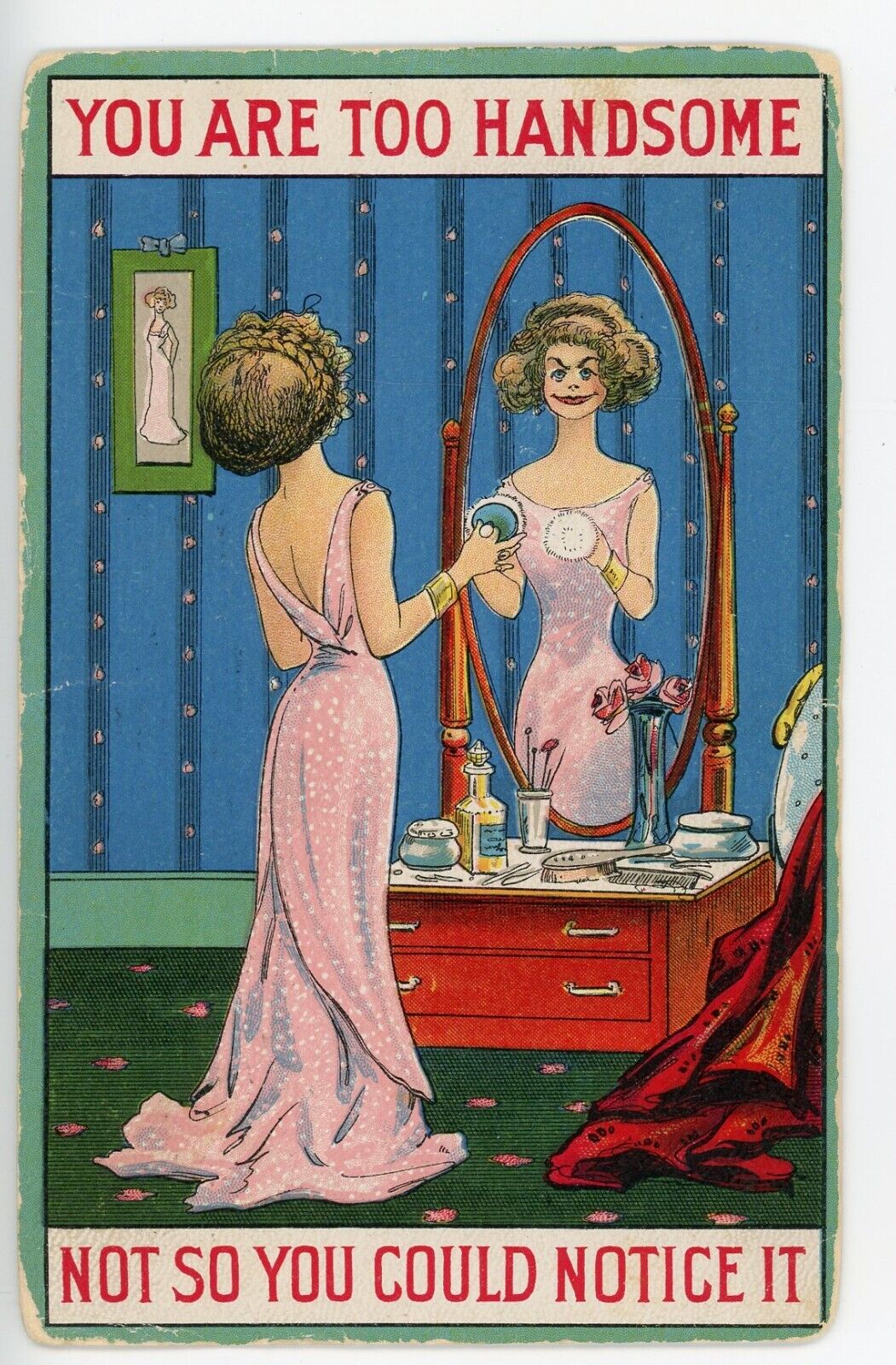 Antique Postcard Comic Humor You Are Two Handsome Girl Mirror Posted 1913