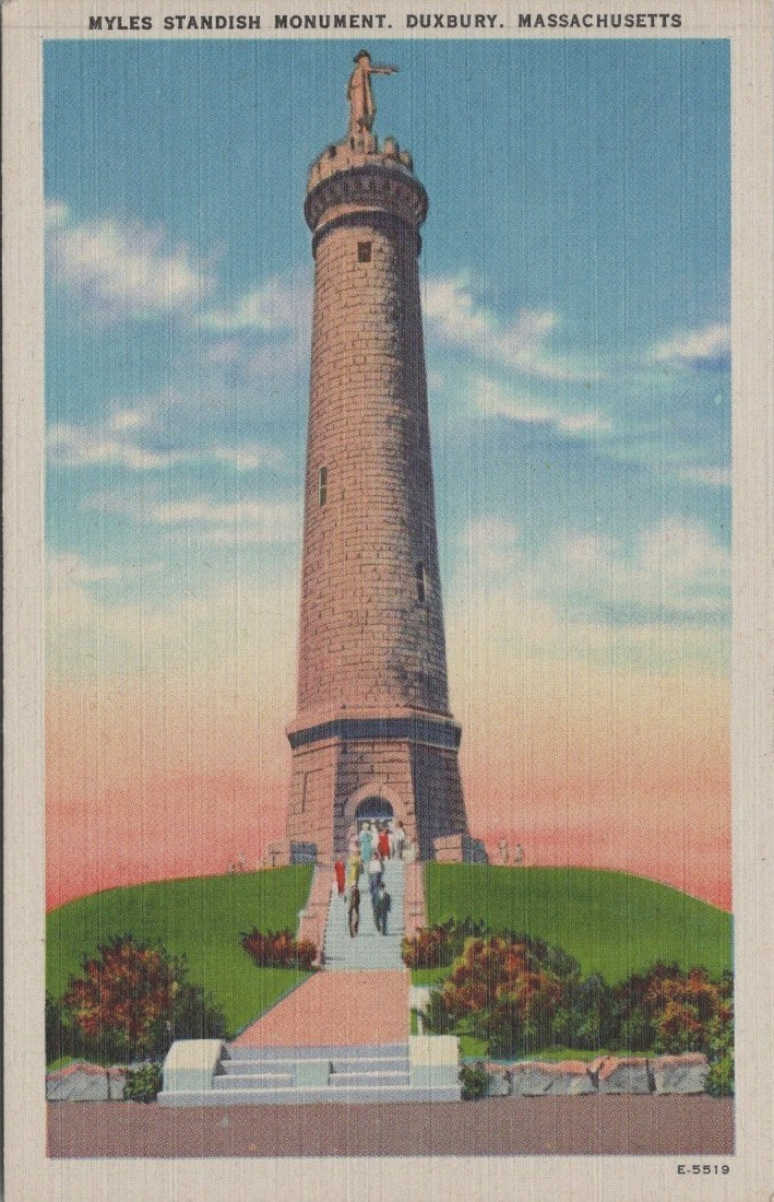 Myles Standish Monument Duxbury, MA 1930\'s Postcard Linen Massachusetts