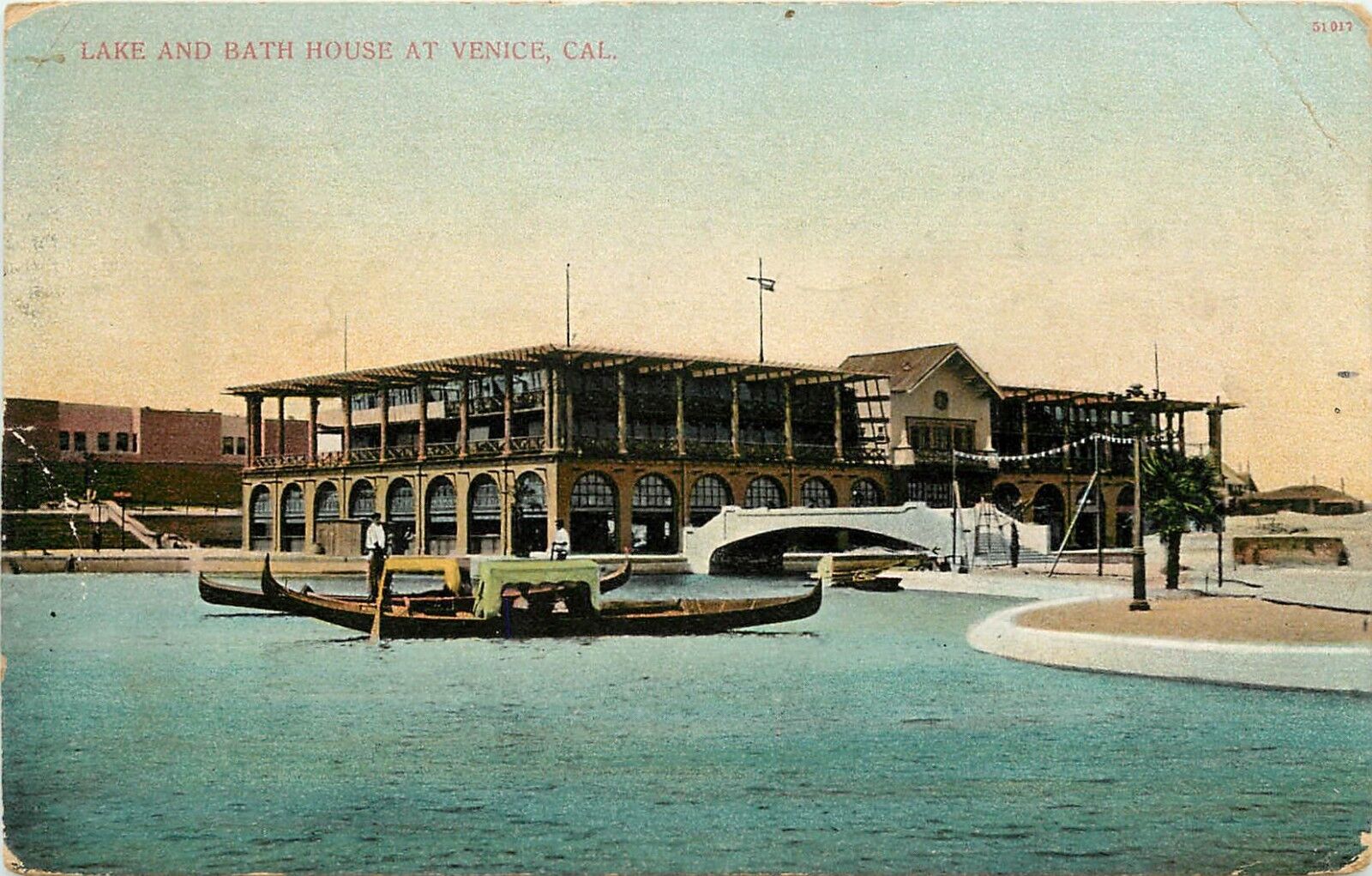 c1907 Printed Postcard Lake & Bath House at Venice CA Gondolas Canals posted