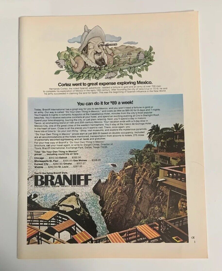 1972 Braniff International Mexico Acapulco Print Advertisement Ad