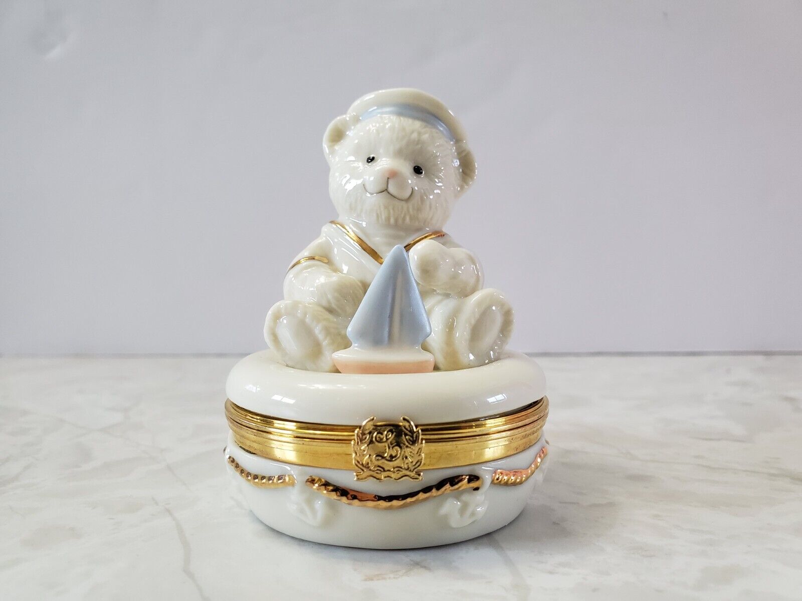 Lenox Treasures Anchors Away Treasure Trinket Box 1st Issue Teddy Bear Sailboat