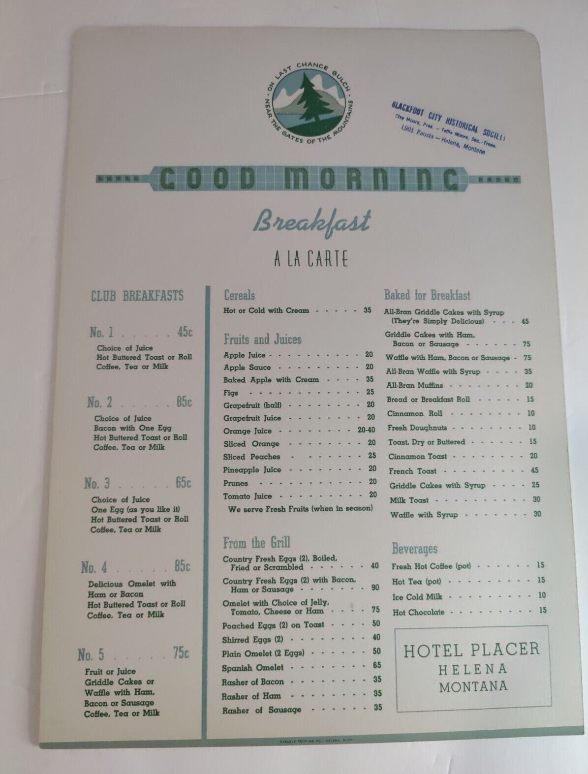 Hotel Placer Breakfast menu. Vintage and Historical 