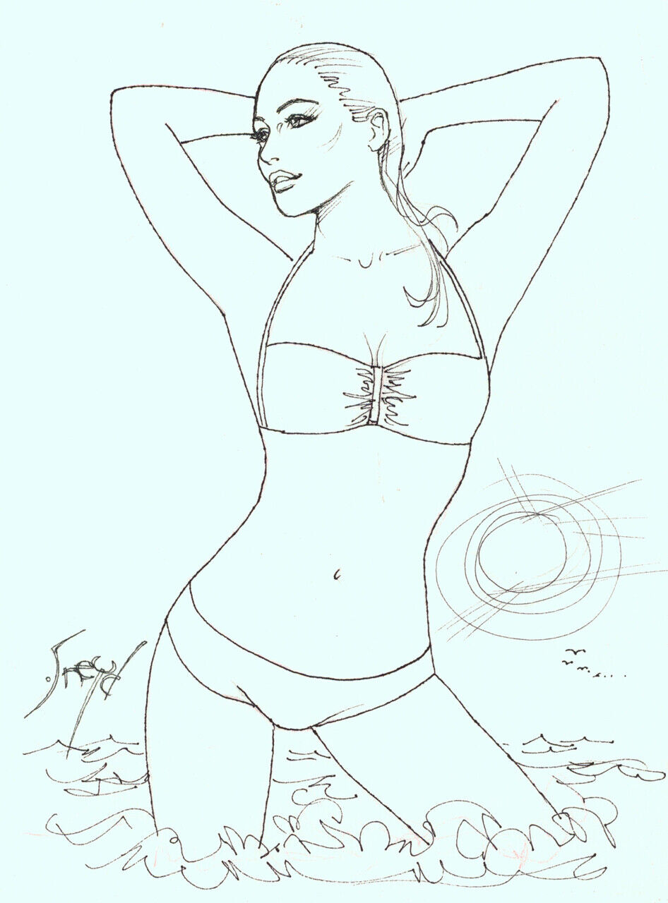 Playboy Artist Doug Sneyd Signed Original Art Sketch Girl in Bikini / Sun n Surf