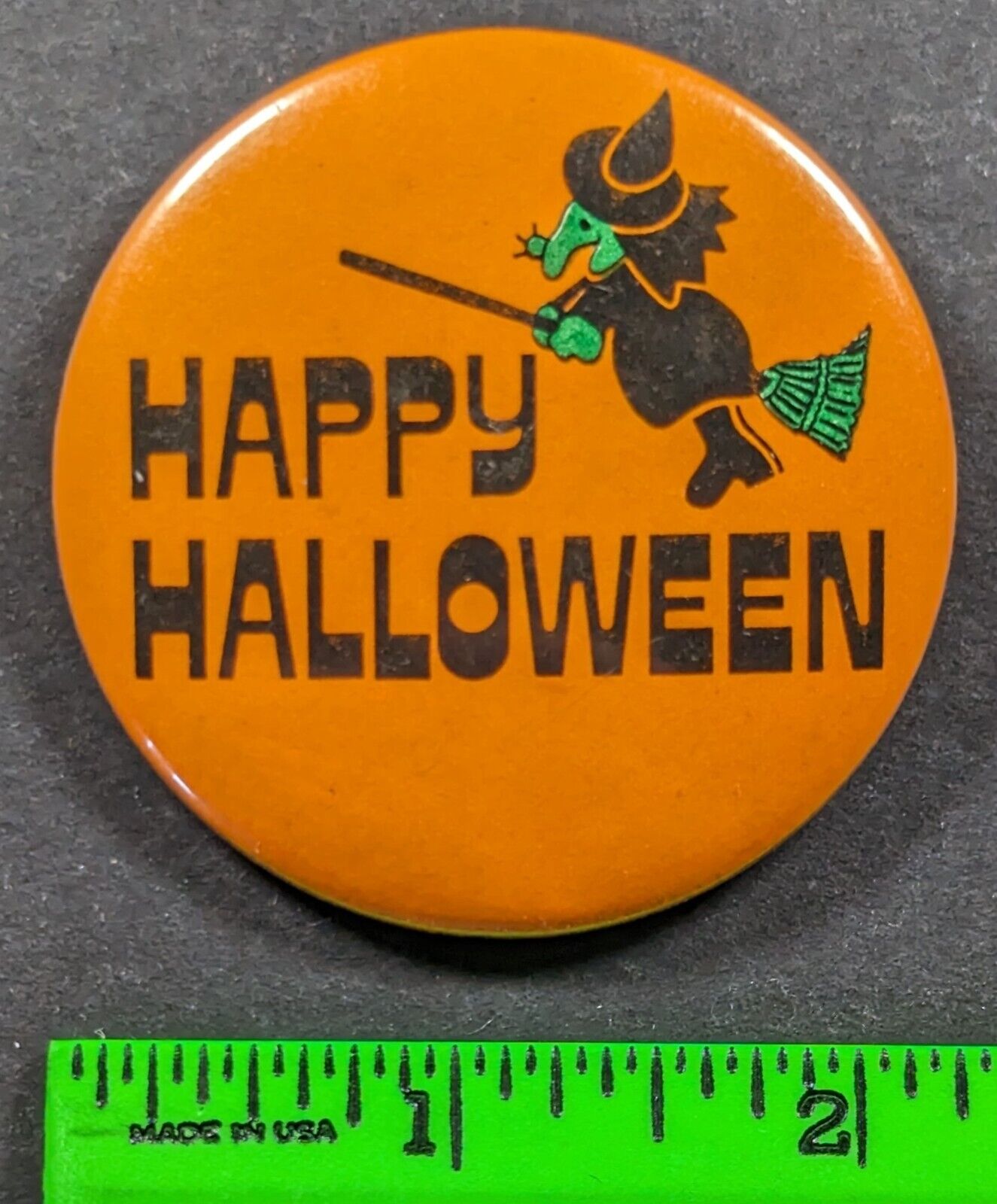 Vintage 1979 Happy Halloween Witch on Broomstick Wart Hat Pinback Pin