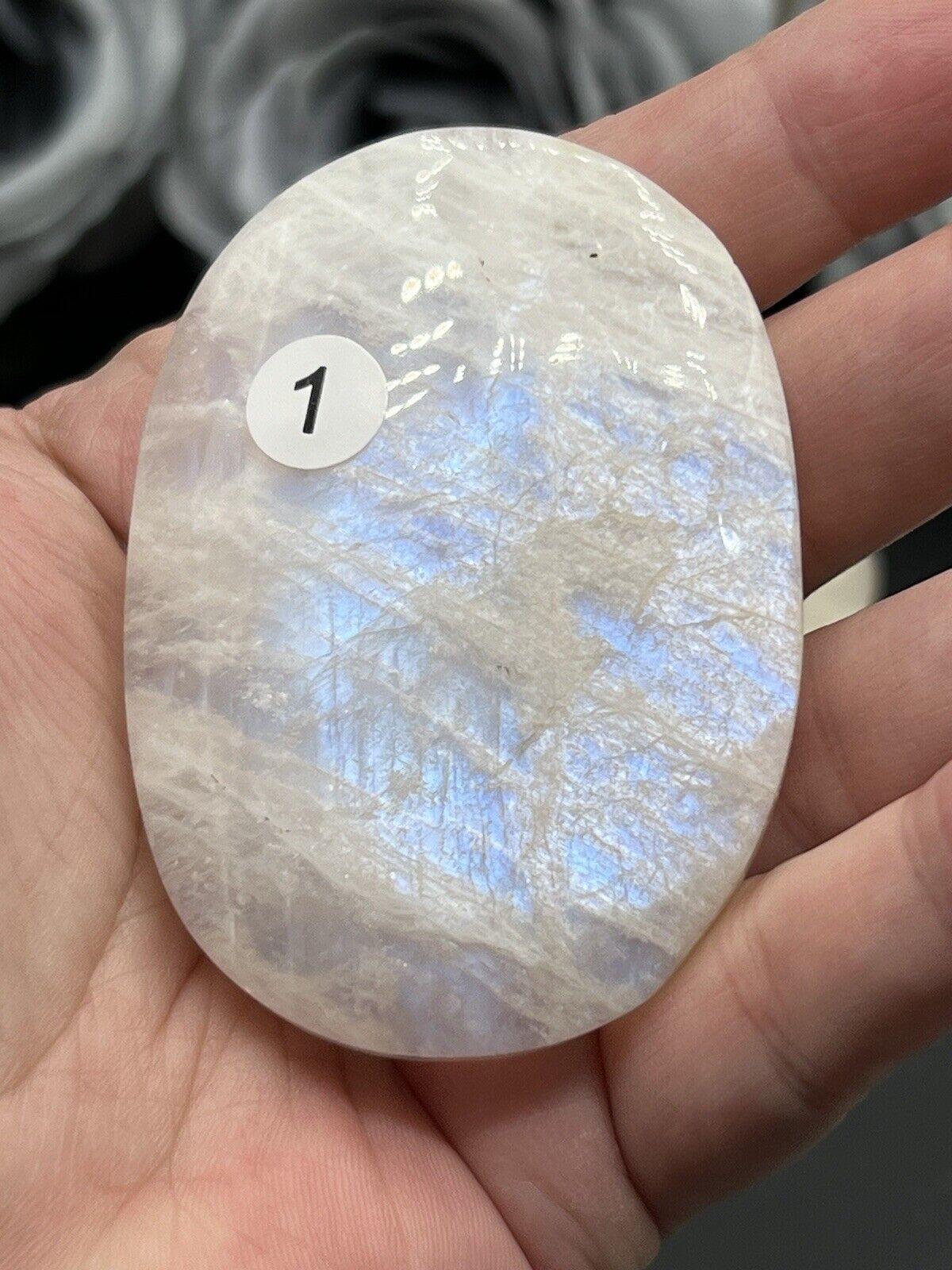 Natural White Moonstone Palm & Heart Blue & Silver Flash  & Gift