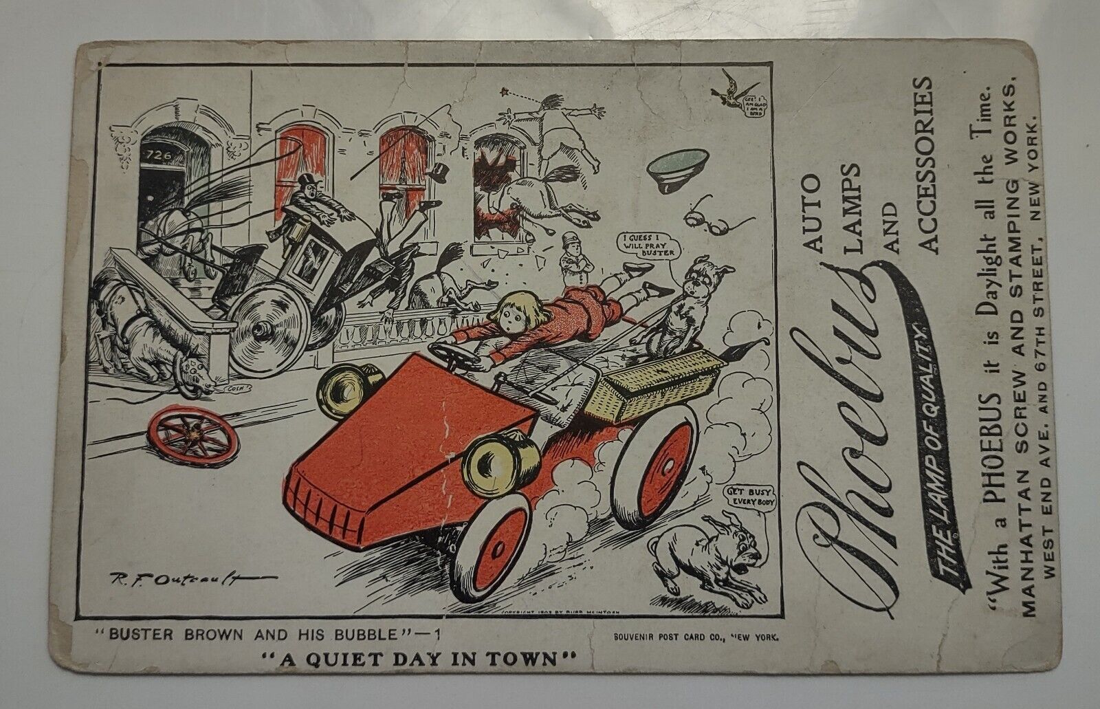 Buster Brown R.F. Outcault Advertising Postcard Phoebus Auto Lamps Accessories 