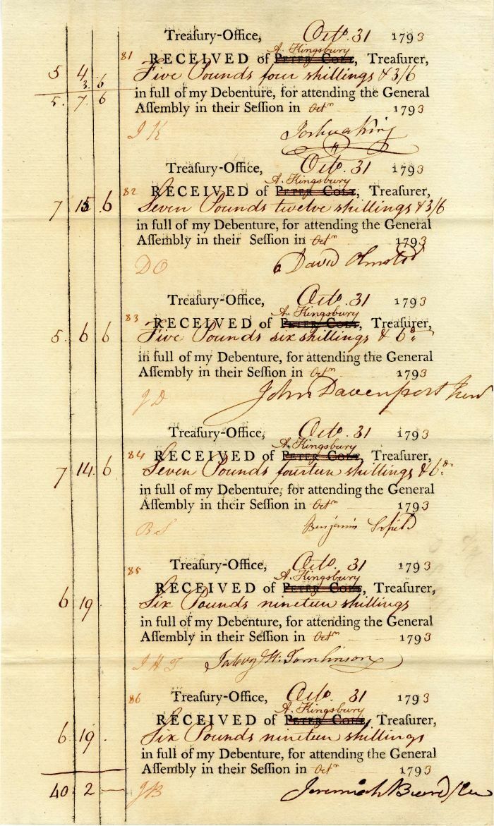 1793 dated Post Revolutionary War Pay Order - Sheet of Six Payment Receipts - Co