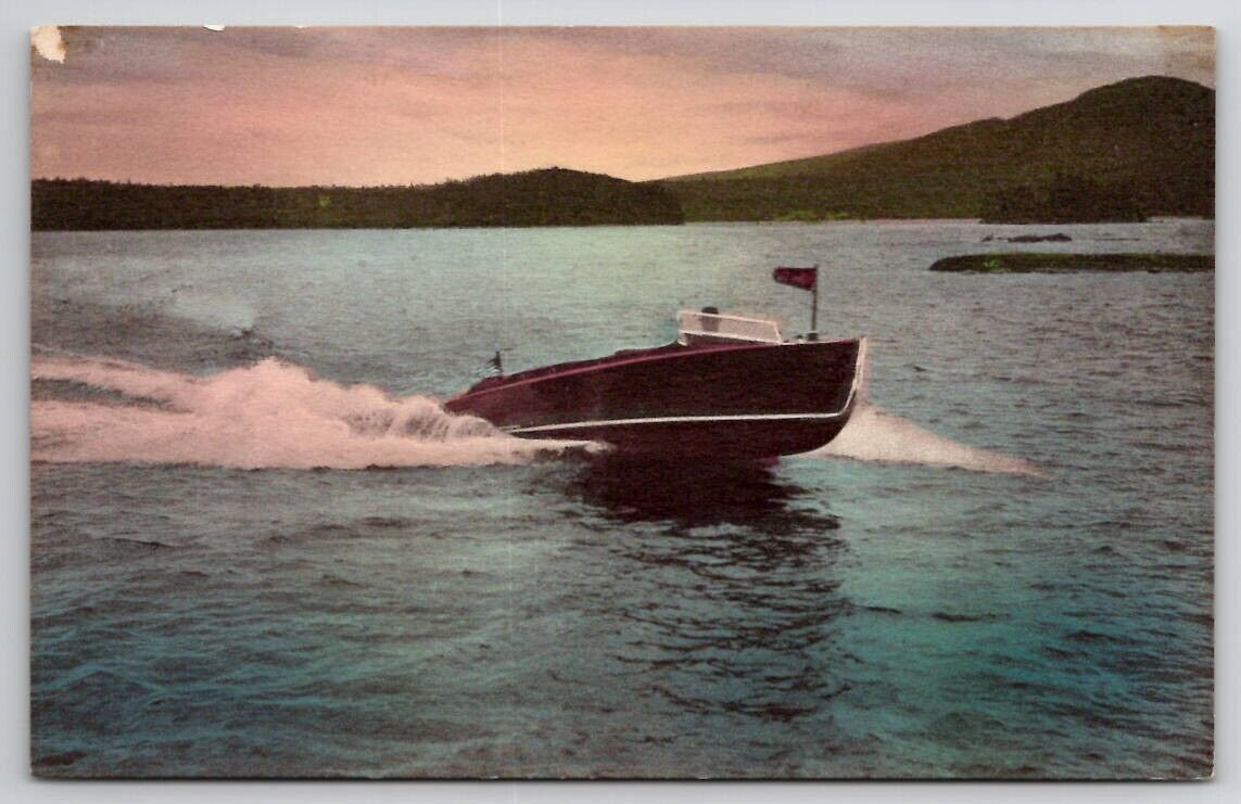 Chris Craft Boat Moosehead Lake Greenville ME Maine Hand Colored Postcard B45