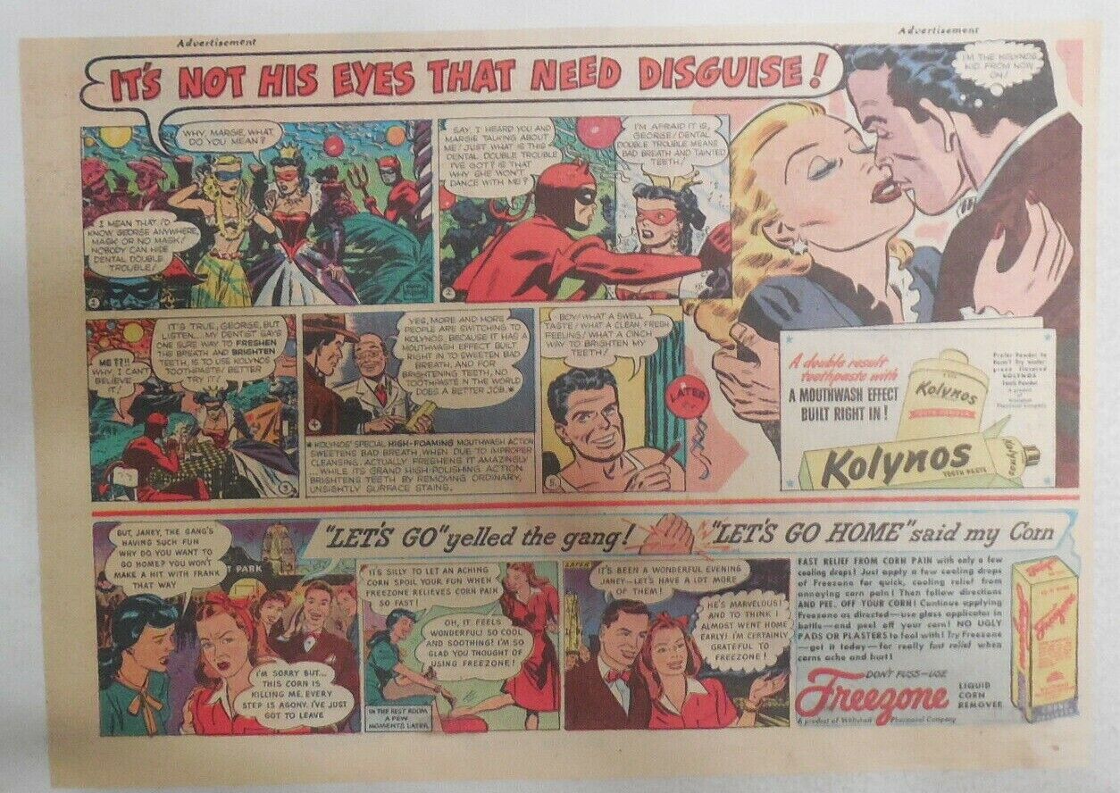 Kolynos Toothpaste Ad: It\'s Not His Eyes Need Disguise 1940\'s by Frank Robbins 