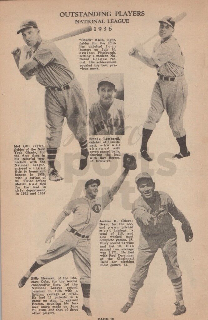Mel Ott, Chuck Klein, Dizzy Dean NL MVP Leader Vintage 1936 Page 1930s