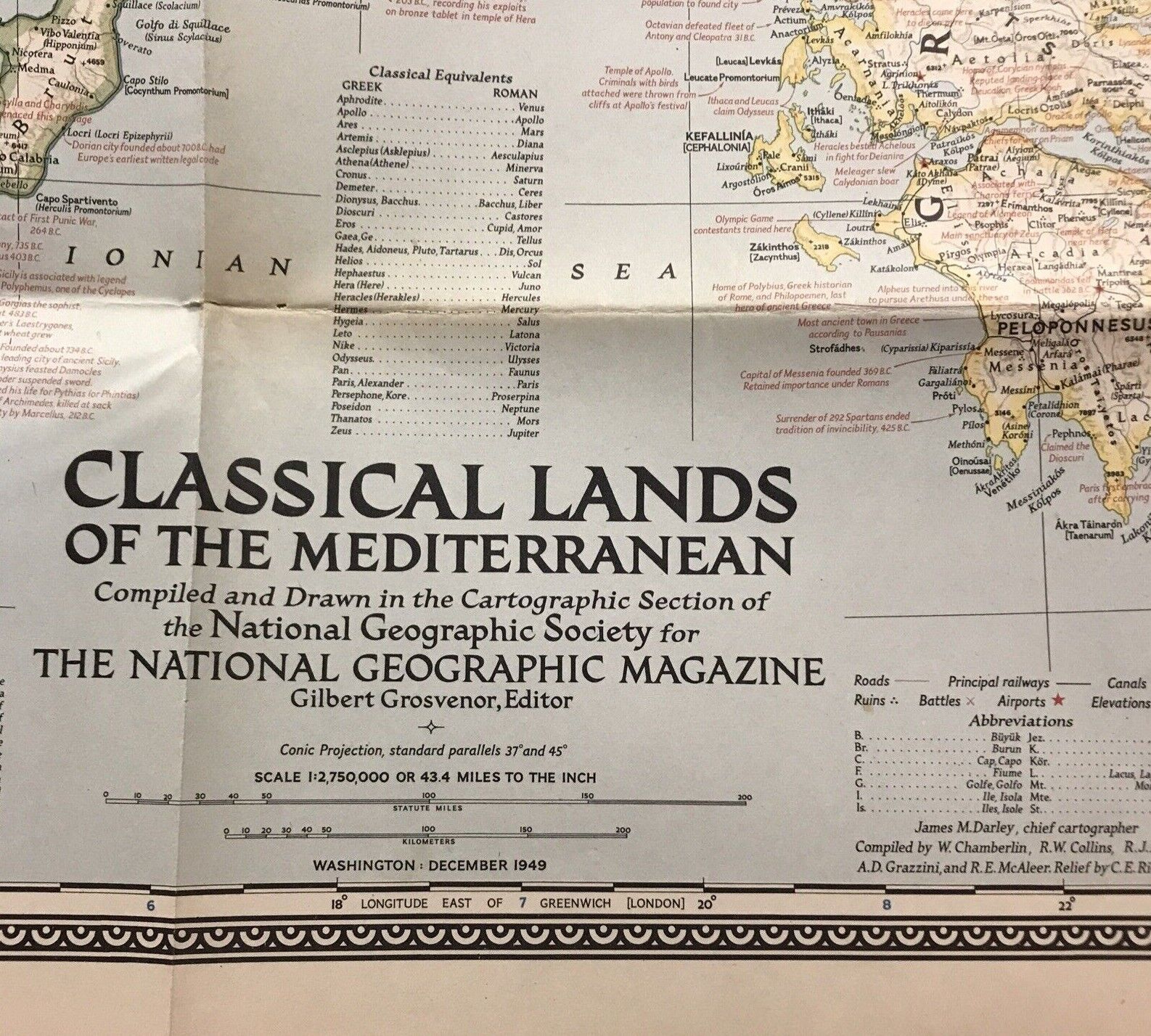 Vintage Map of Classical Lands of the Mediterranean Copyright 1949 National Geog