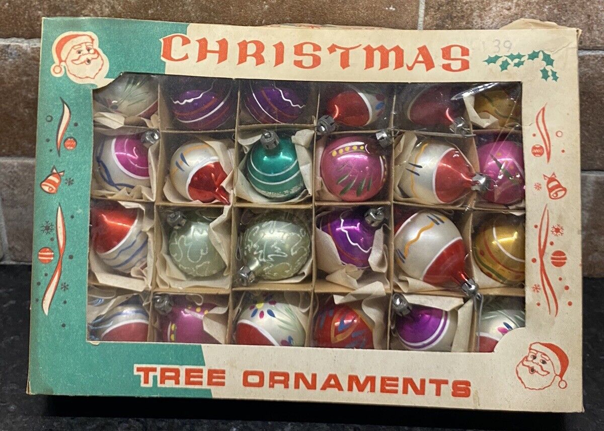 Vtg Christmas Ornaments Glass Bulbs 24 Minis original box metal caps Poland?