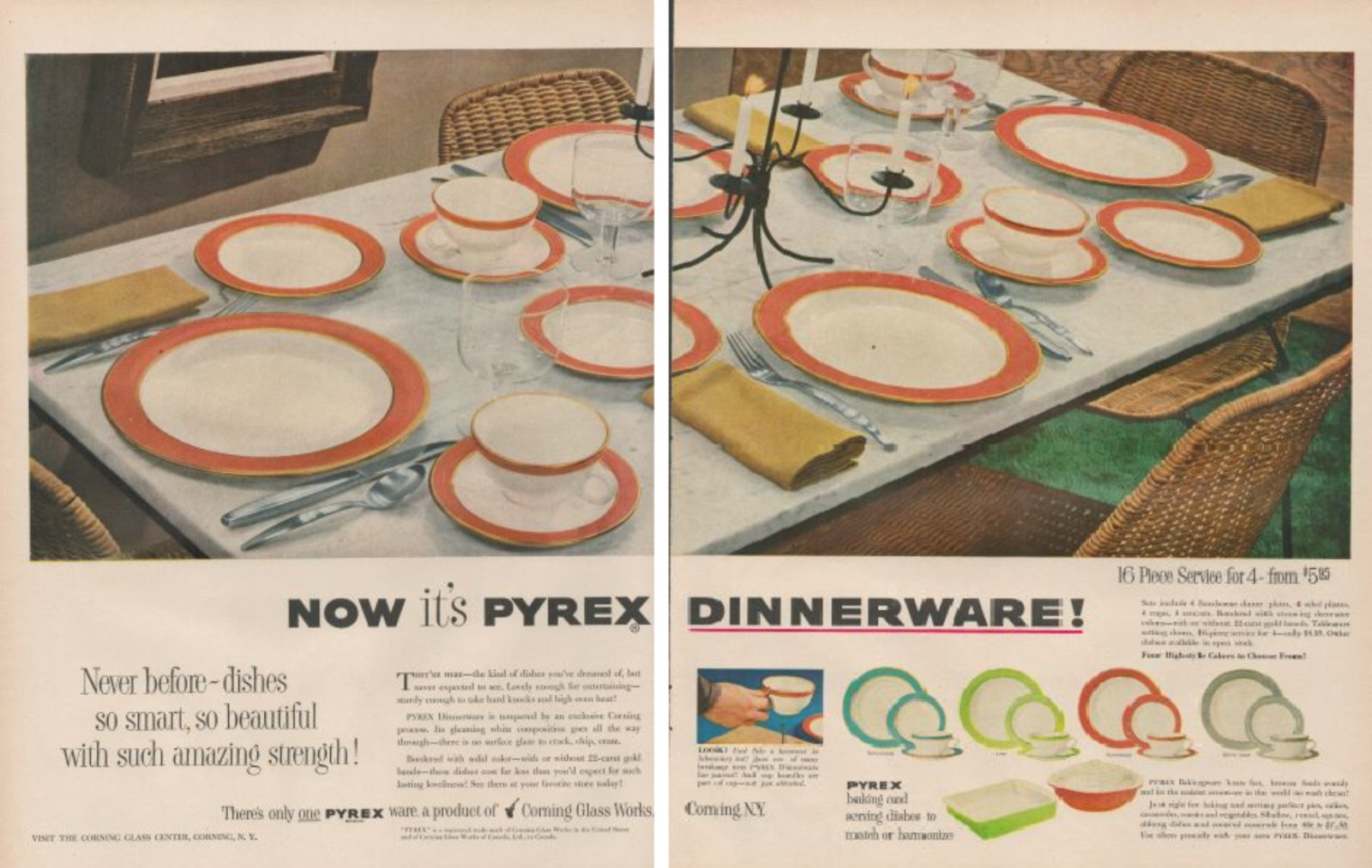 1953 Pyrex Dinnerware 16 Piece Service for 4 High Style Colors Print Ad 2 Page