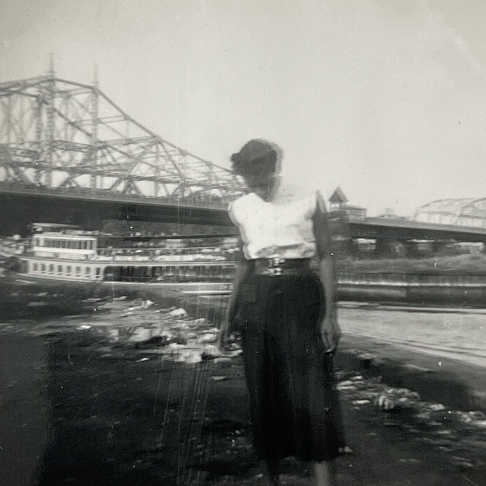 Vintage B&W Snapshot Photograph Black African American Woman Macombs Dam Bridge