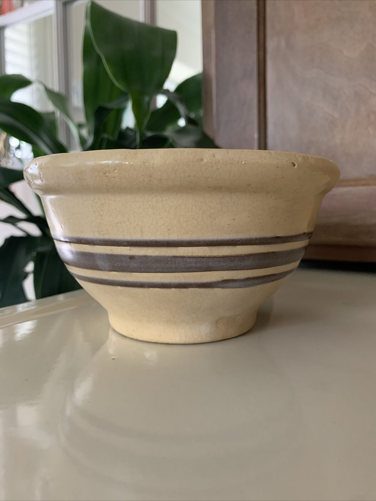 Vtg Antique Small Tan/Yelloware  Mixing Bowl Brown Line