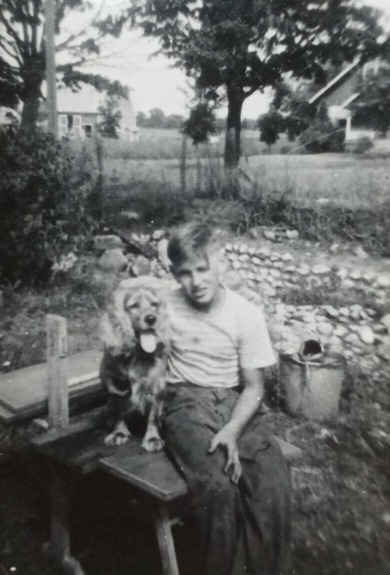 c.1940's Cocker Spaniel Farm Boy Picnic Dog Fashion Vintage Photograph
