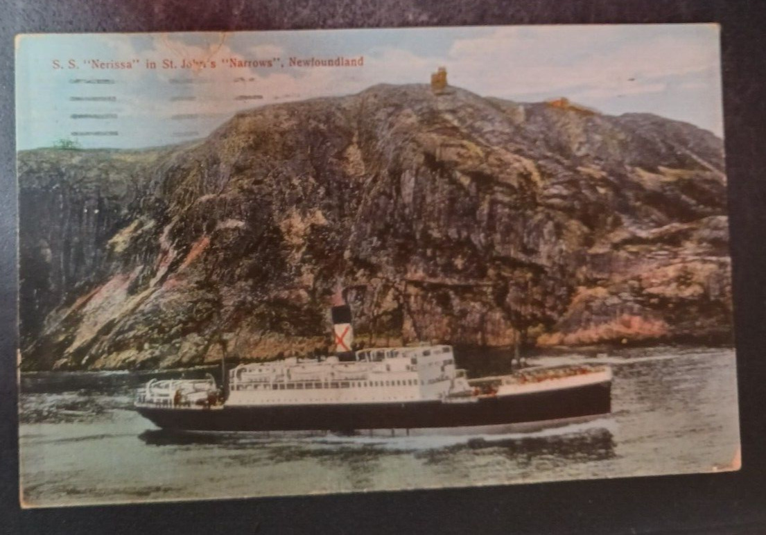 1928 postcard SS S.S. Nerissa in St John's Narrows Newfoundland Canada ship boat