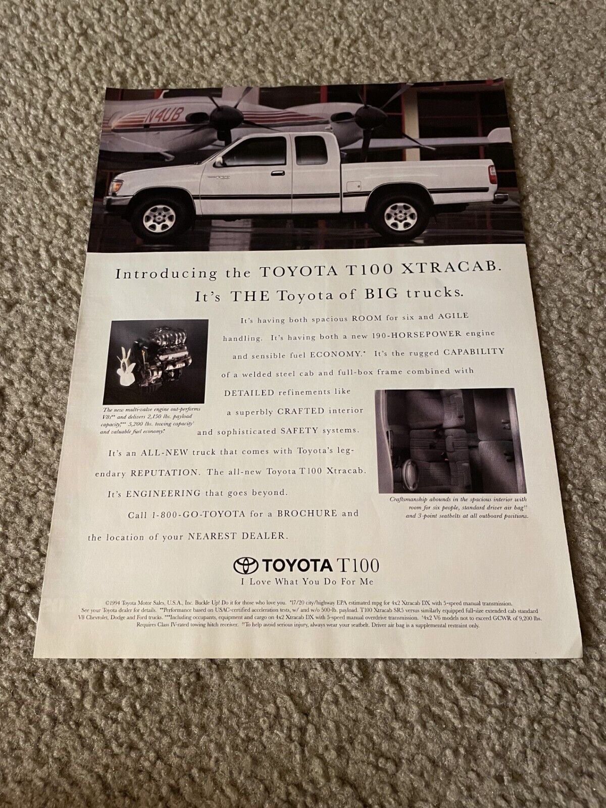 Vintage 1995 TOYOTA T-100 T100 XTRACAB PICKUP TRUCK PRINT AD WHITE 1990s