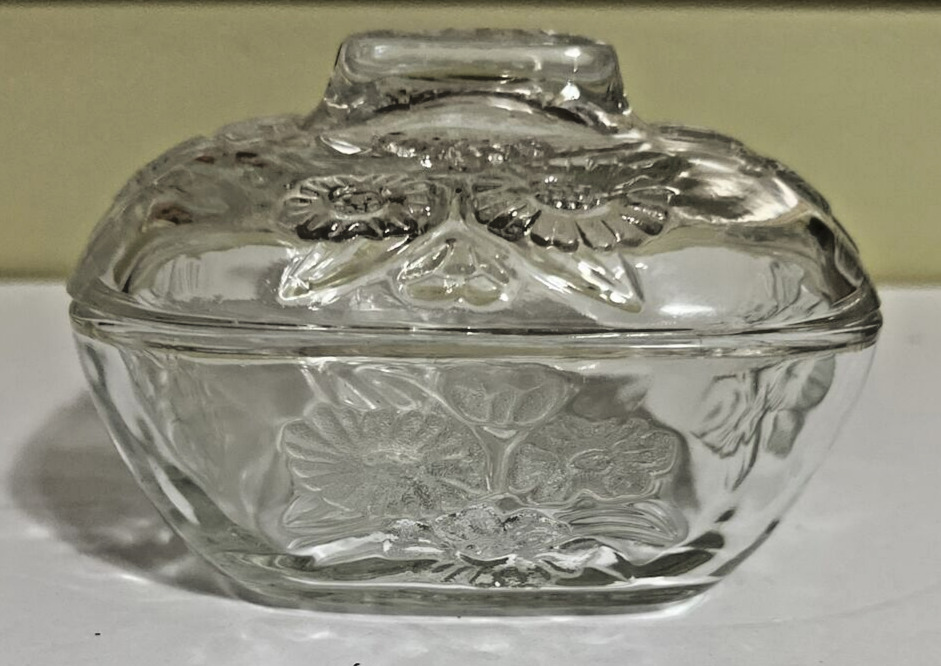 Vintage Square Glass Floral Daisy Candy Trinket Dish w/Lid