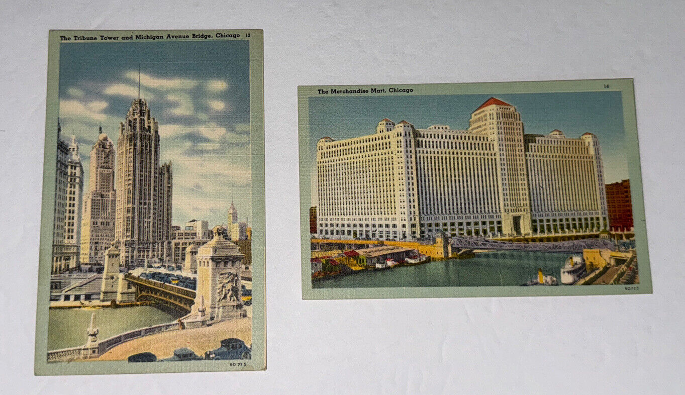 Vintage Postcard Chicago Illinois Linen Unposted Tribune Tower Merchandise Mart