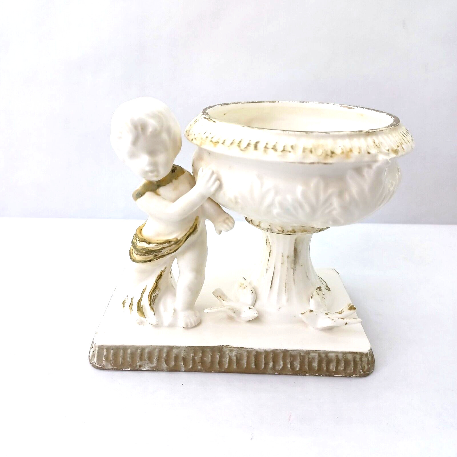 Vintage INARCO Ivory Ceramic Vase/Planter E-867 Cherub Child w/Doves 5” 1962