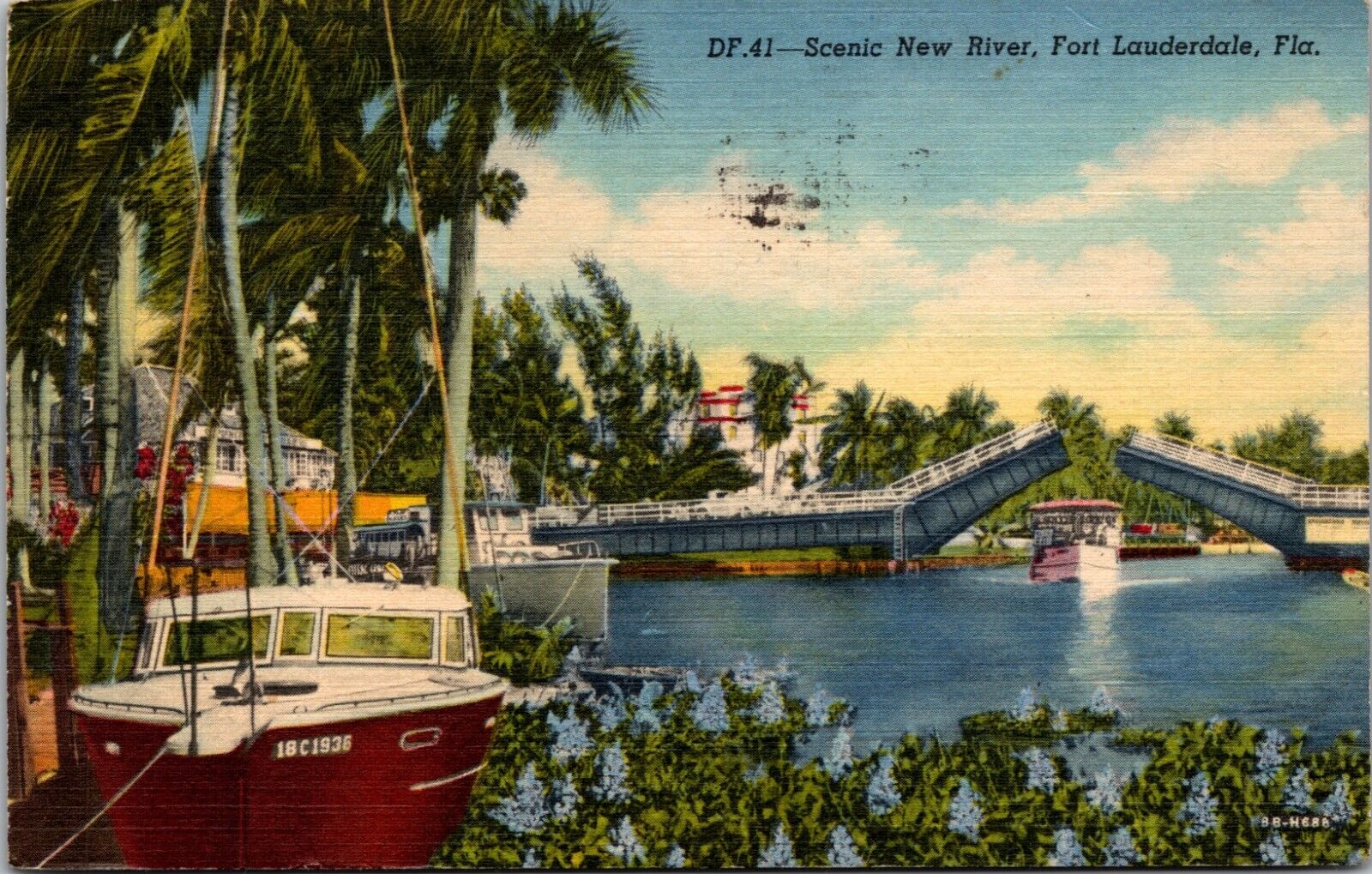 New River Bridge Boats Fort Lauderdale Florida FL Linen Vintage Postcard L2