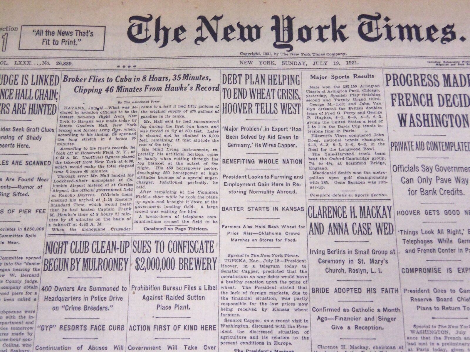 1931 JULY 19 NEW YORK TIMES - BROKER FLIES TO CUBA IN 8 HOURS, 35 MINS - NT 2199