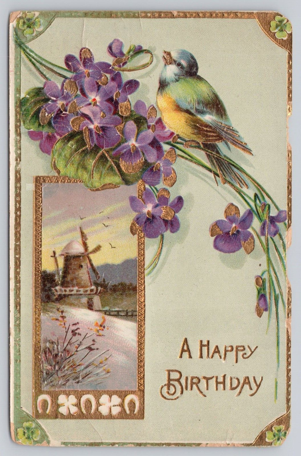 Vtg Embossed Post Card A Happy Birthday, Clovers & Horse Shoes H1