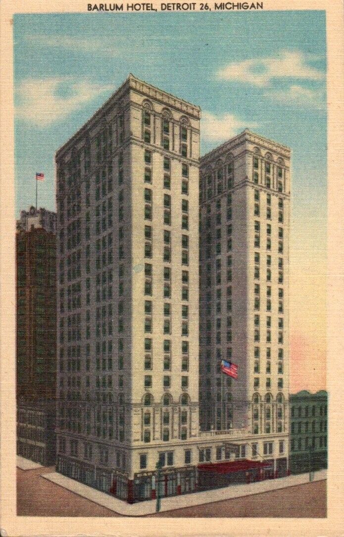 Postcard - Barlum Hotel, Detroit, Michigan, Cadillac Square, Linen   2873