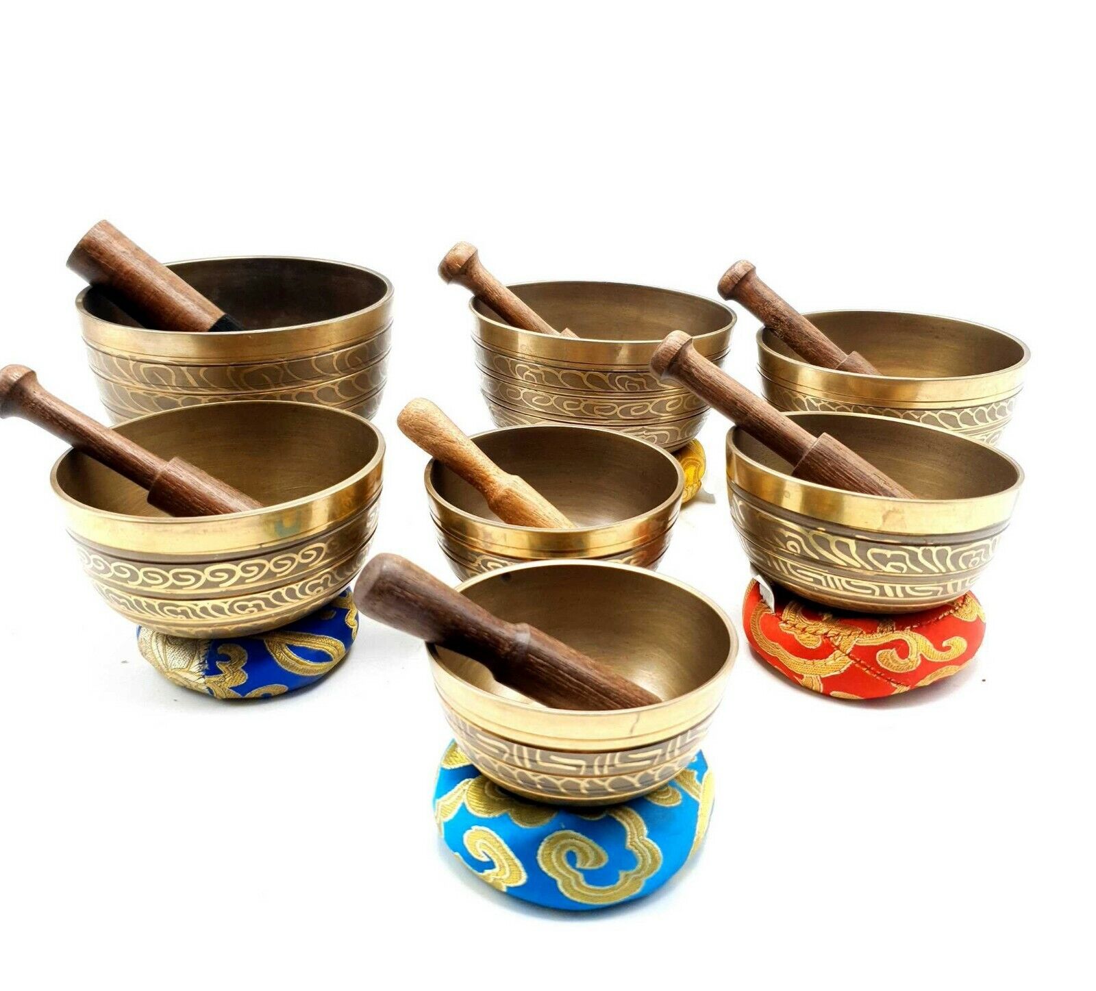 7 Pcs Set Itching Carved Singing Bowl Etched Chakra Bronze Tibetan Healing Nepal
