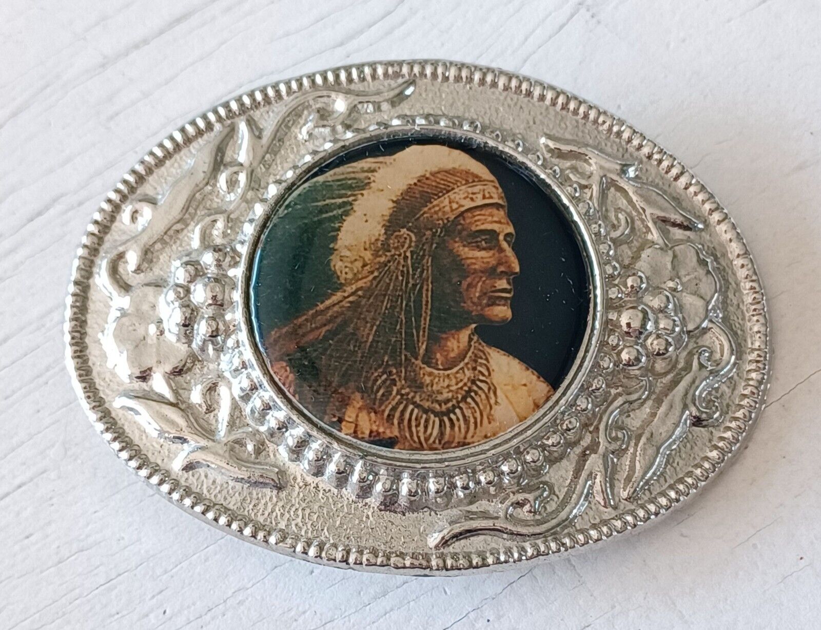 Vintage Silver Color Native American Indian Chief Headdress Picture Belt Buckle