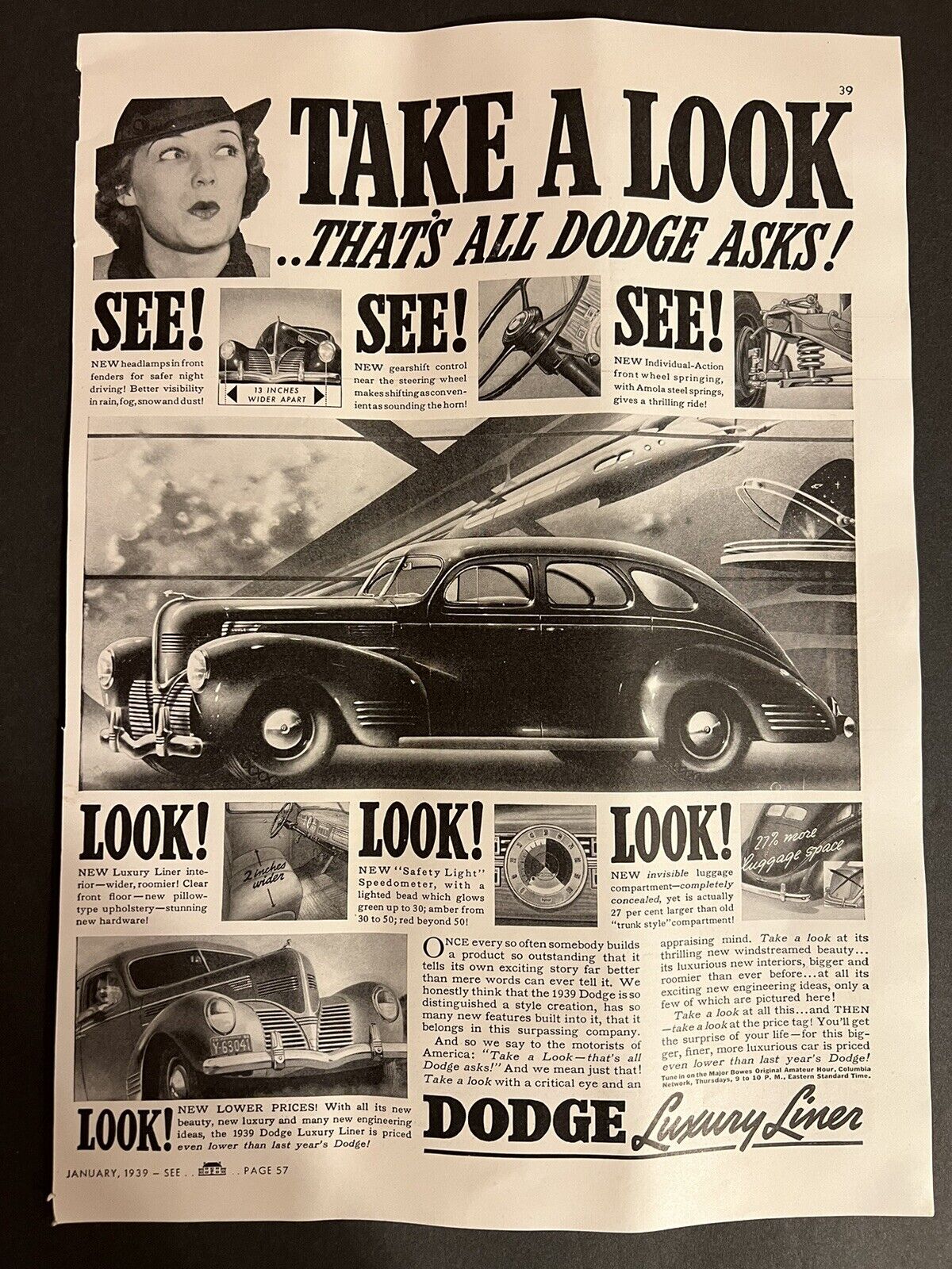 Vtg 1939 Dodge Luxury Liner Ad, Take a Look, That\'s all Dodge Asks