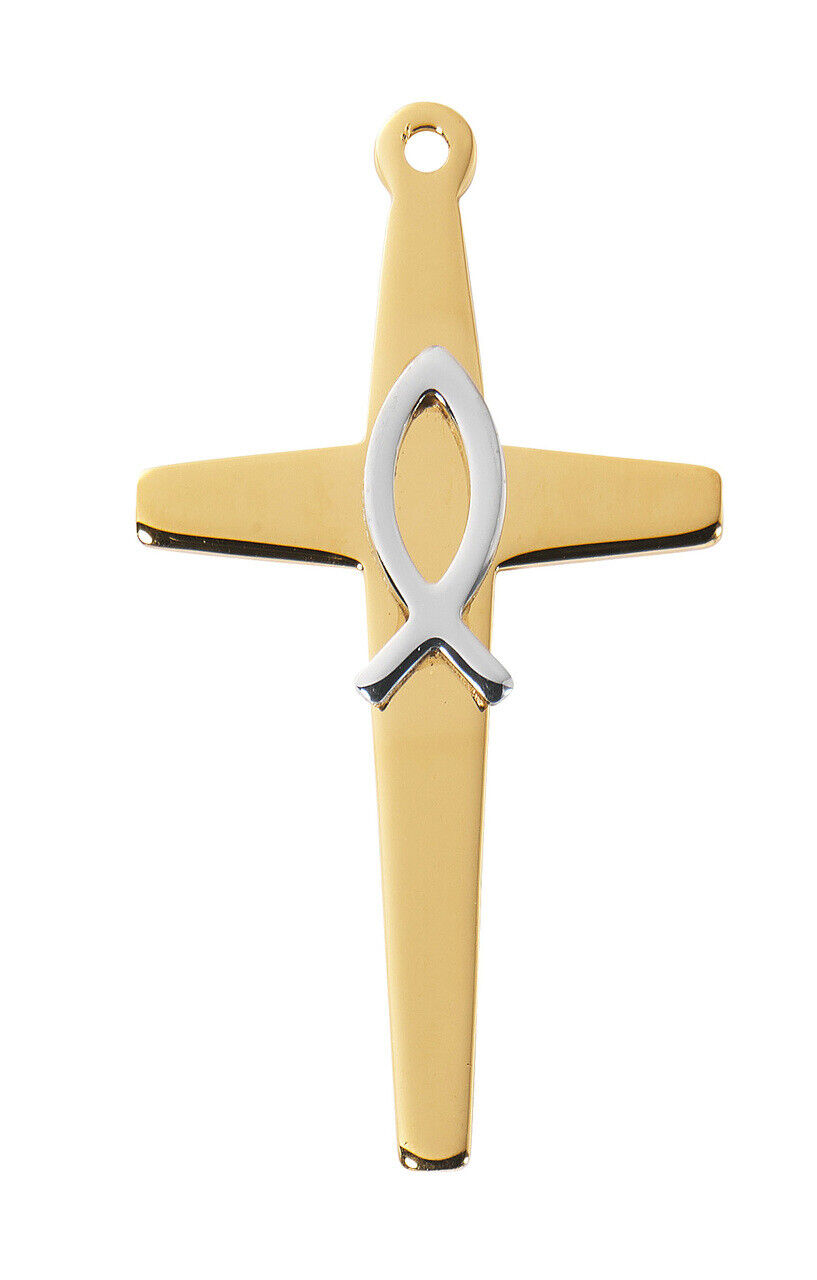 Simple Two Toned Cross With Ithicus Fish Center Pendant on Plated Chain,24 In