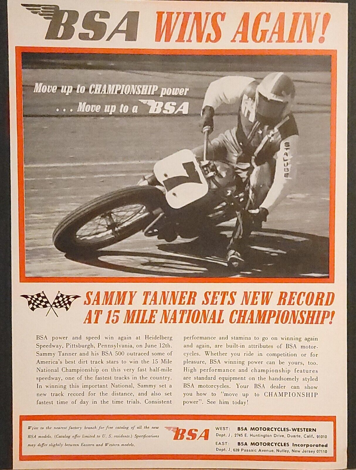 1966 BSA 15 Mile National Motorcycle Race Print Ad Sammy Tanner
