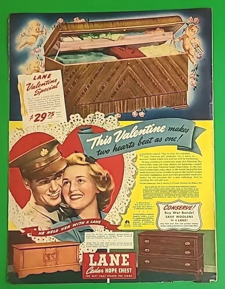 1943 Lane Cedar Hope Chest Valentine\'s Special Vtg 1940\'s Magazine Print Ad
