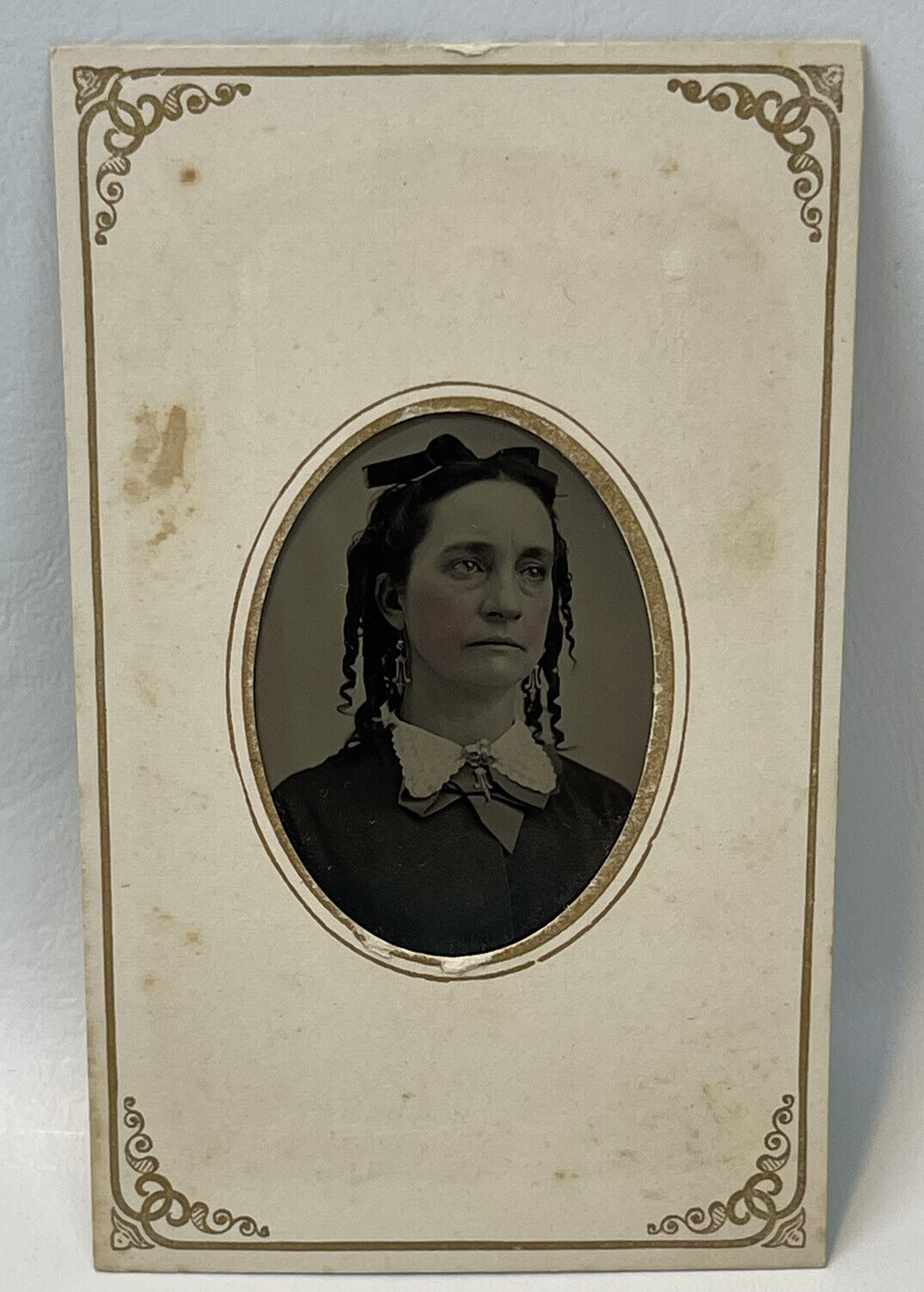 Antique Tintype Photo Victorian Woman Ringlet Curls Tinted Cheeks Dangle Earring