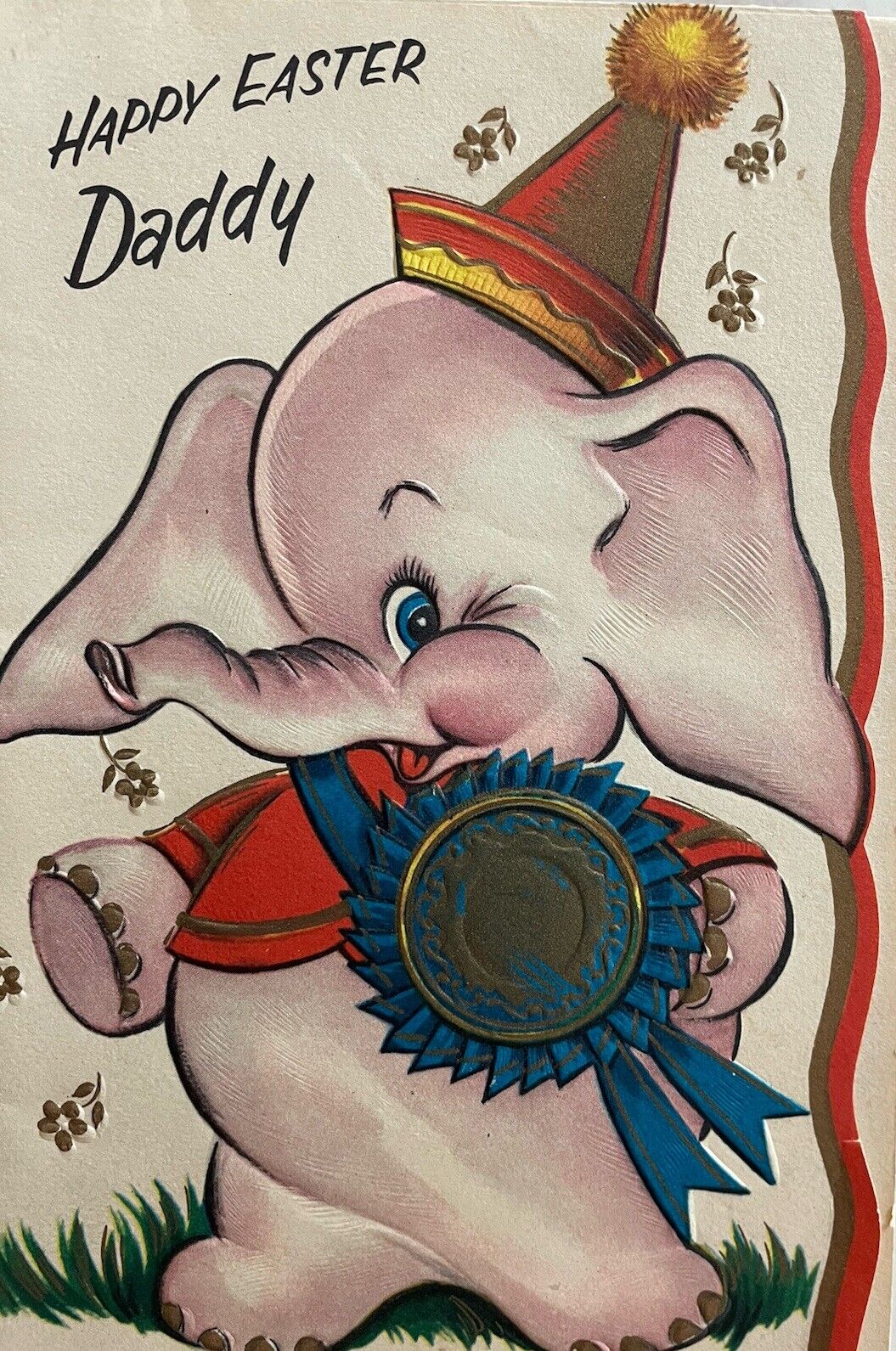 NOS Vtg Happy Easter Daddy Card Purple Baby Elephant Blue Ribbon UNUSED 50s