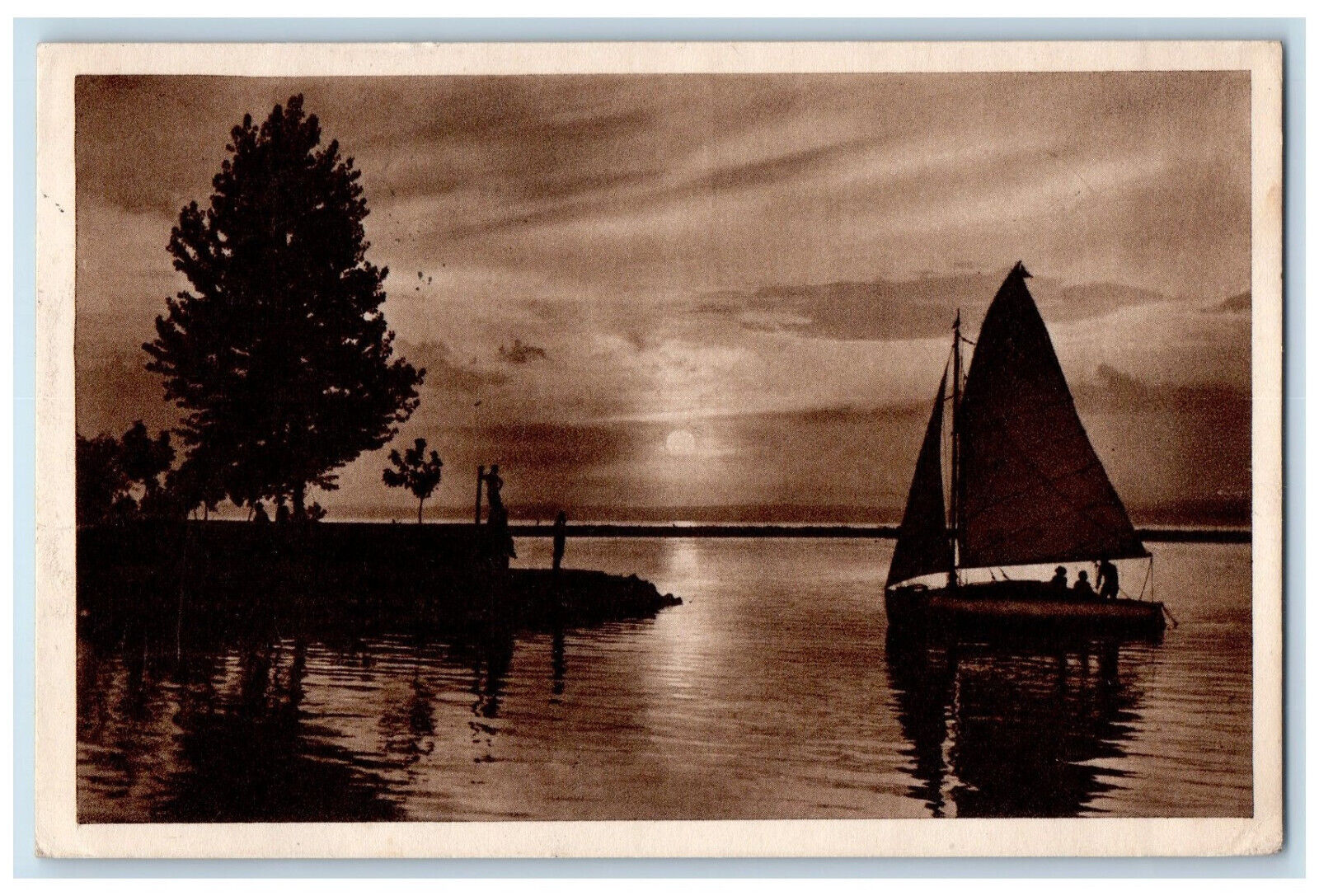 Hungary Postcard Siofok Sunset Boat Sailing Landing Area 1935 Posted
