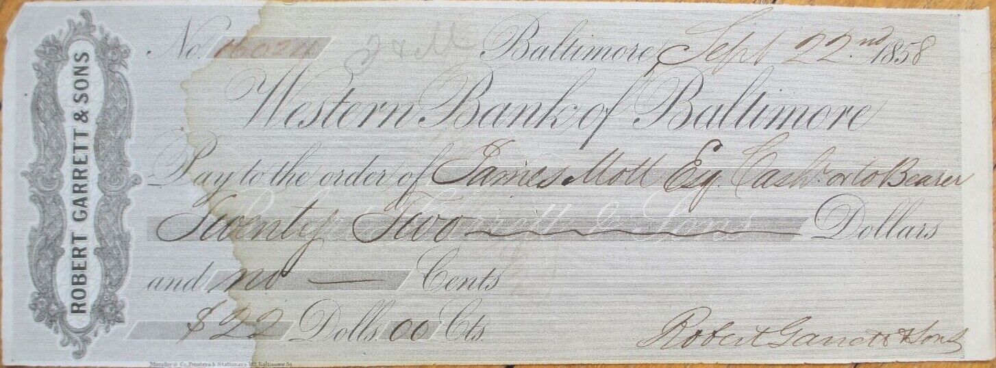 Robert Garrett & Sons, Baltimore, MD 1858 Check, Western Bank of Baltimore