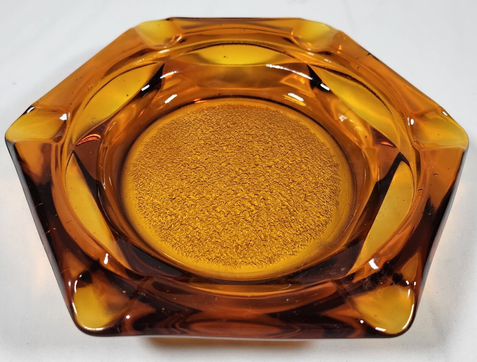 Vintage MCM Amber Glass Hexagon Cigar/Cigarette Ashtray 6 Sided Mid Century 