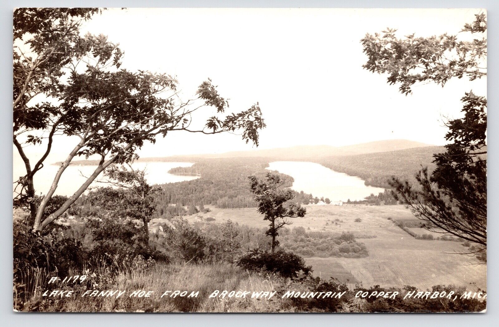 c1940s~Copper Harbor Michigan MI~Lake Fanny Hoe from Brockway Mt~RPPC Postcard