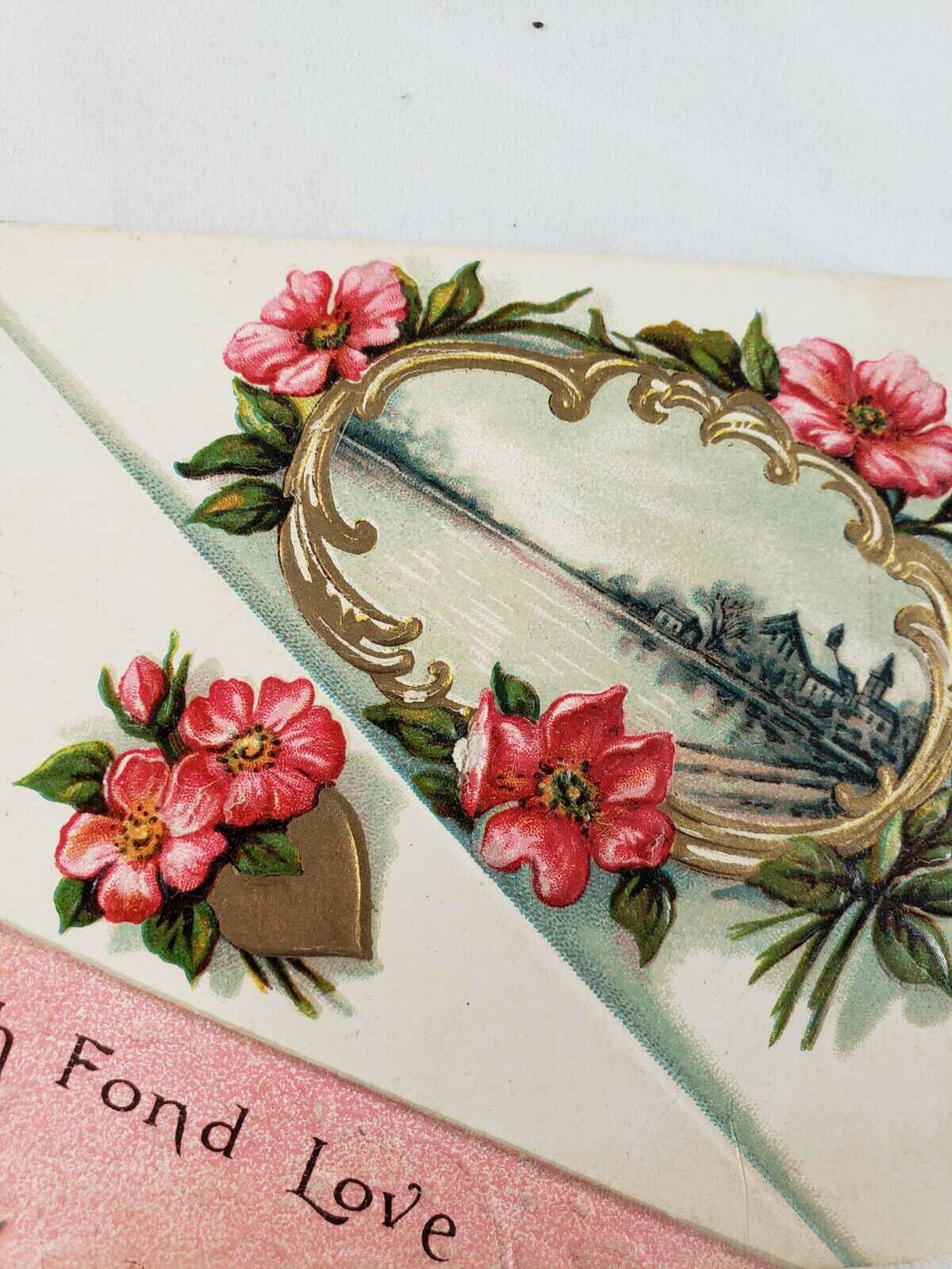 C 1911 With Fond Love Pond Scene Vignette Flowers Bow Note Embossed Postcard