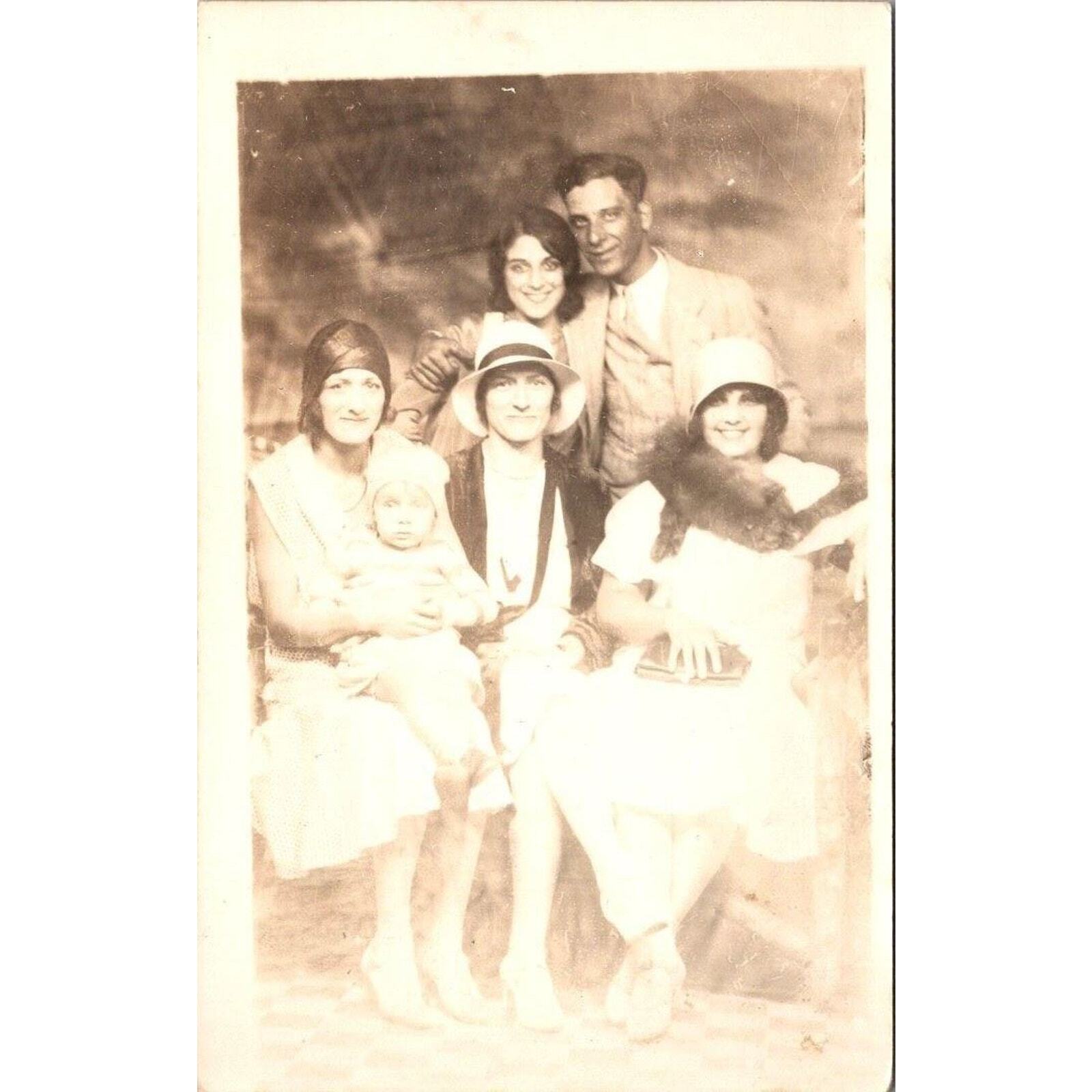 RPPC Family Portait Man Women and Baby Fur Hats Azo Vintage Postcard Real Photo
