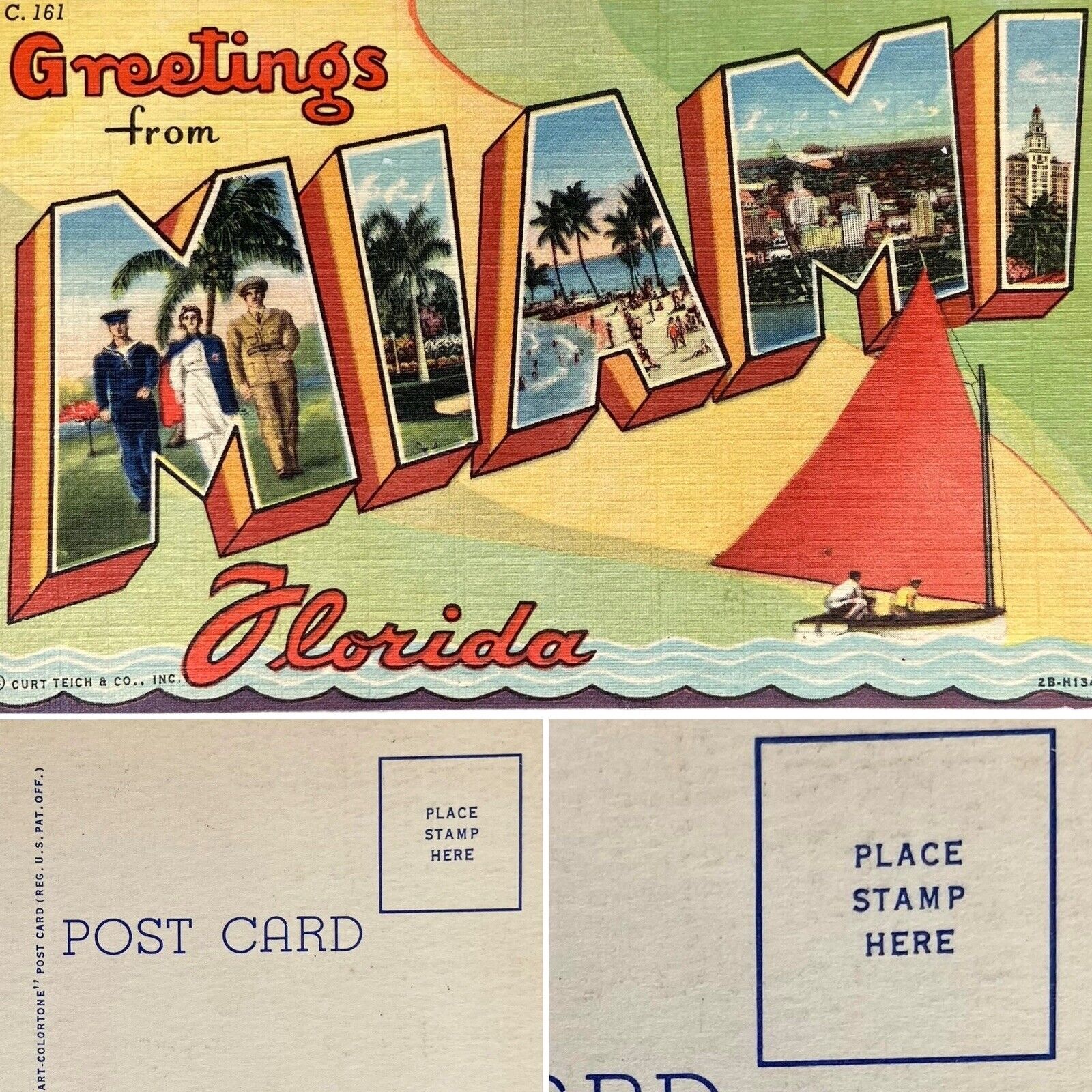 Postcard FL Large Letter Greetings from Miami Florida Curt Teich Linen 1942
